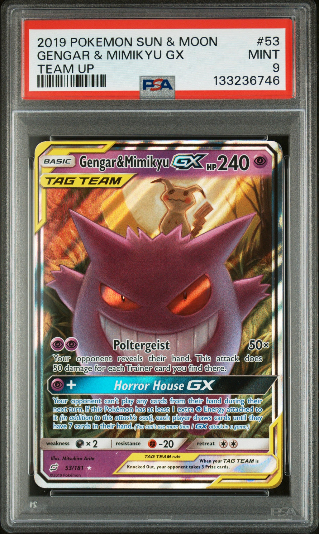 GENGAR & MIMIKYU GX TEAM UP 2019 POKEMON SUN & MOON TEAM UP PSA MINT 9